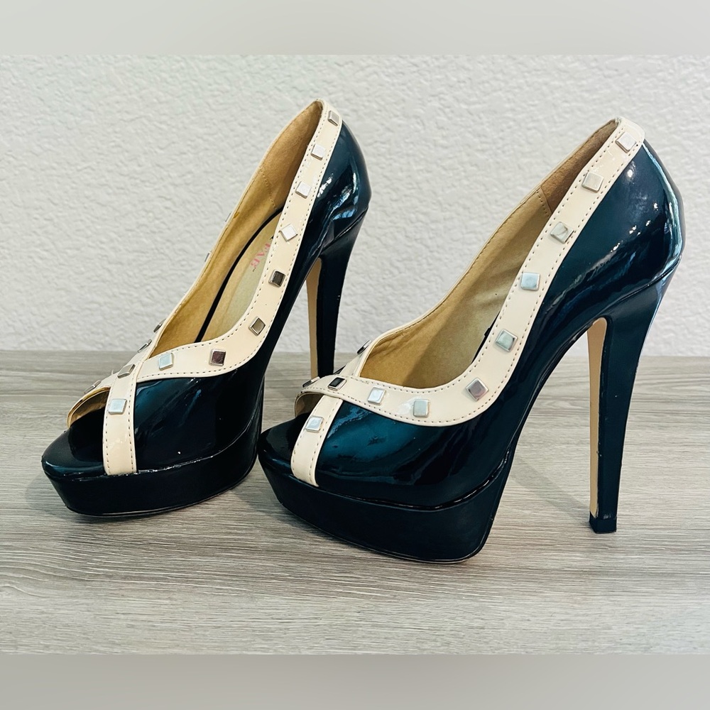 JustFab black and nude heels with silver rivet accents